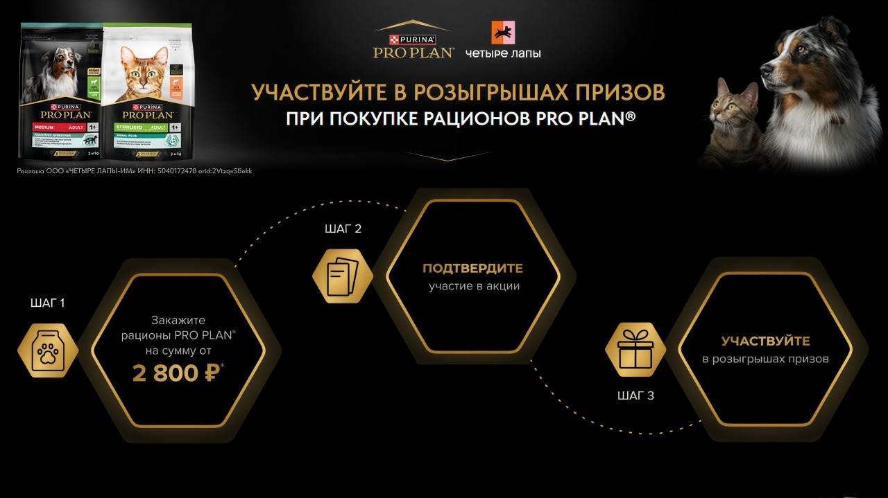 Миниатюра акции «Участвуйте в розыгрыше призов при покупке рационов PRO PLAN в сети Четыре Лапы»