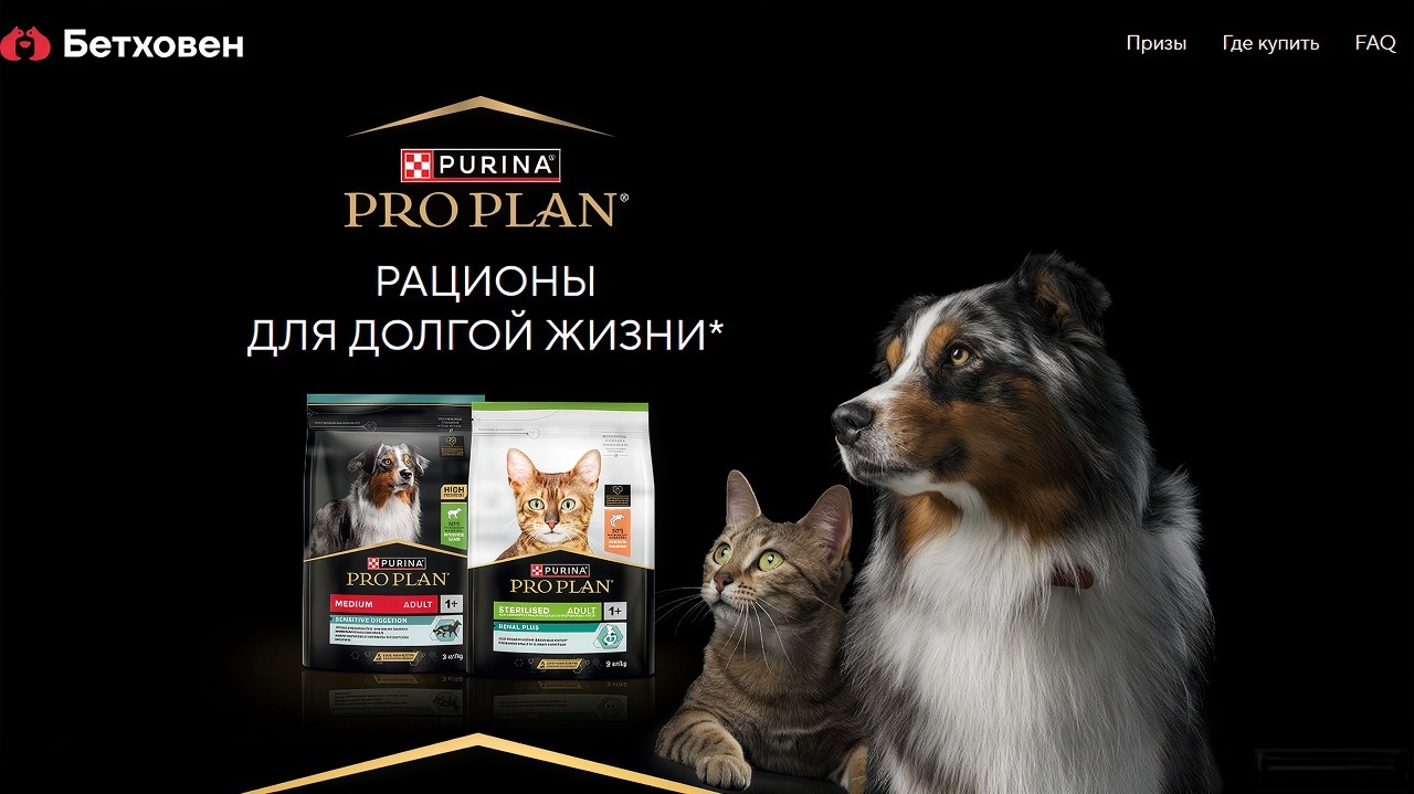 Миниатюра акции «Участвуйте в розыгрыше призов при покупке рационов PROPLAN в сети Бетховен»